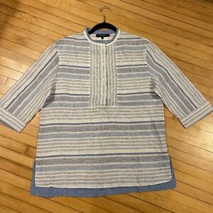 LAFAYETTE 148 Striped Linen Tunic Button Placket Blue White Vent Hem Lagenlook